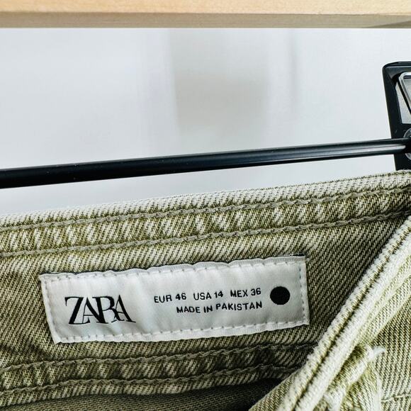 Zara Women’s Army Green Denim Sailor Pants Size 14 Wide Leg Raw Hem - Picture 3 of 7